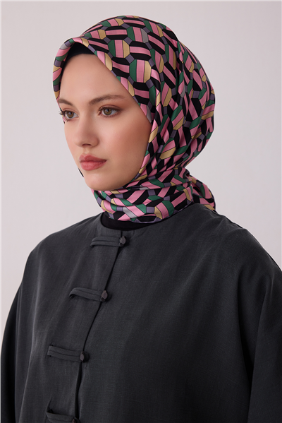 Çok Renkli Geometrik Desen %100 Twill İpek Eşarp 4407-86
