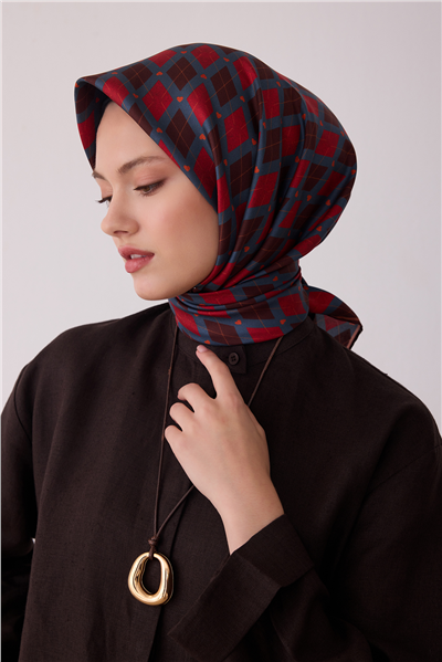 Kırmızı Geometrik Desen %100 Twill İpek Eşarp 4408-02