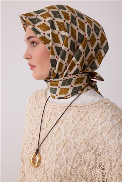 Sarı Geometrik Desen %100 Twill İpek Eşarp 4408-04