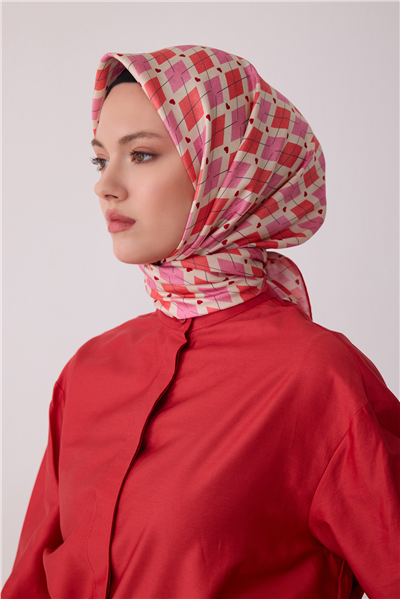 Pembe Geometrik Desen %100 Twill İpek Eşarp 4408-80