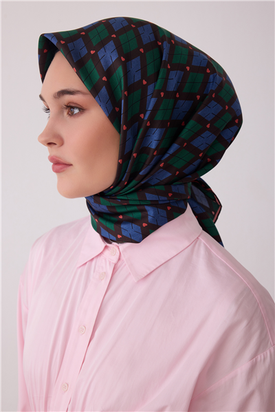 Yeşil Geometrik Desen %100 Twill İpek Eşarp 4408-82