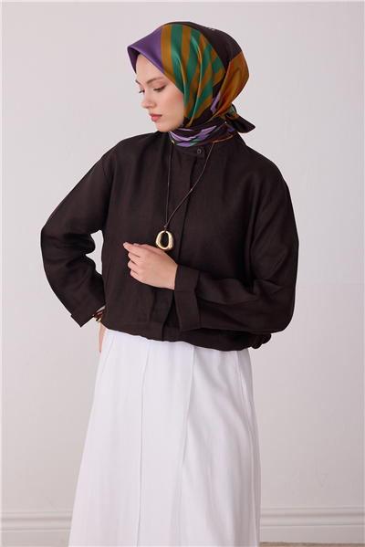 Kahverengi Obje Desen %100 Twill İpek Eşarp 4409-50