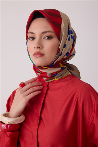 Bej Obje Desen %100 Twill İpek Eşarp 4409-81