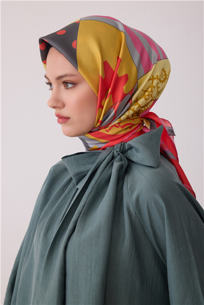 Pembe Obje Desen %100 Twill İpek Eşarp 4409-82