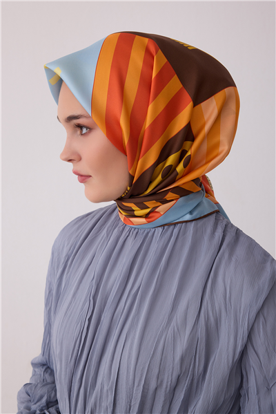 Çok Renkli Obje Desen %100 Twill İpek Eşarp 4409-84