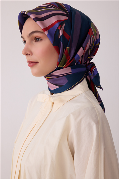 Petrol Çiçek Deseni %100 Twill İpek Eşarp 4410-32