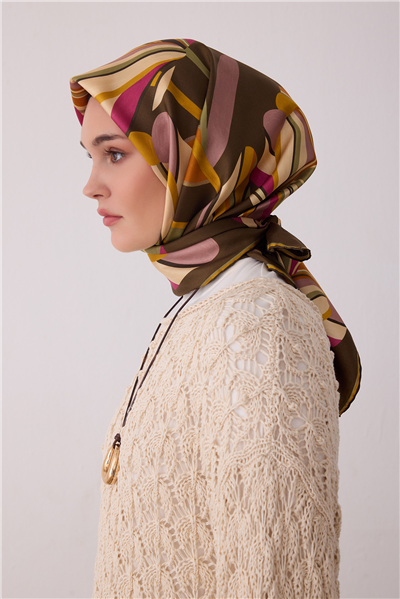 Haki Çiçek Deseni %100 Twill İpek Eşarp 4410-51