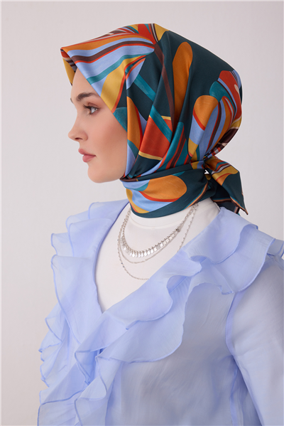 Petrol Çiçek Deseni %100 Twill İpek Eşarp 4410-80