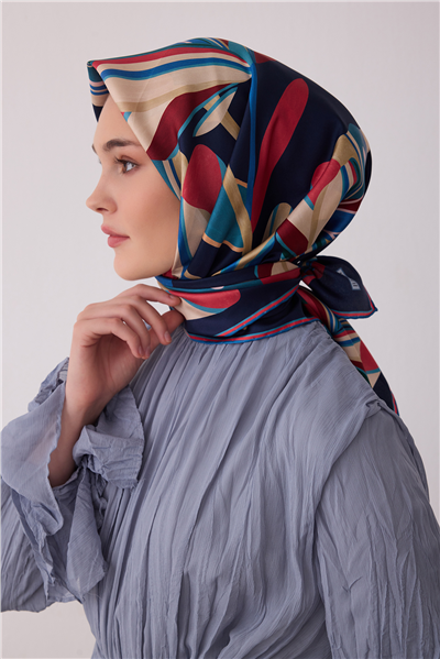 Lacivert Çiçek Deseni %100 Twill İpek Eşarp 4410-83
