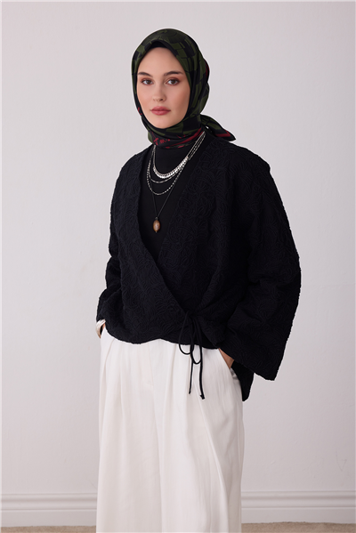 Haki Siyah Geometrik Desen %100 Twill İpek Eşarp 4411-50