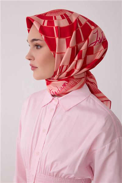 Pembe Geometrik Desen %100 Twill İpek Eşarp 4411-61