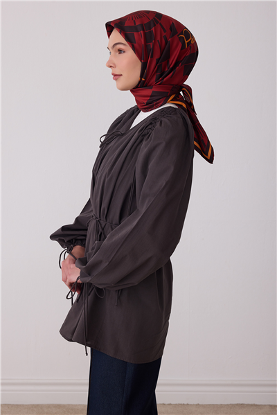Kahverengi Geometrik Desen %100 Twill İpek Eşarp 4411-82