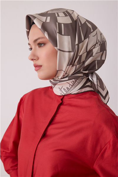 Bej Geometrik Desen %100 Twill İpek Eşarp 4411-86