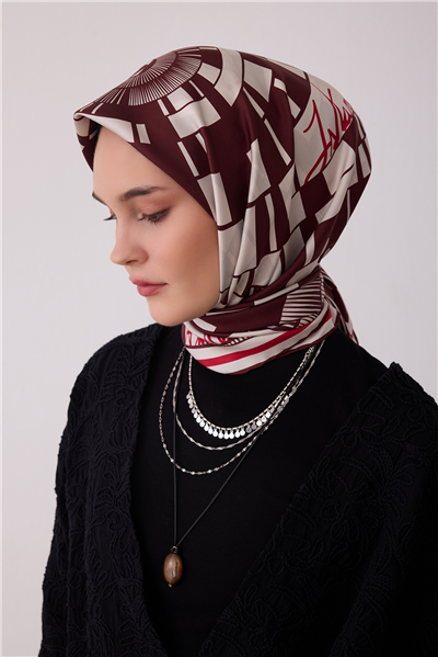 Bordo Geometrik Desen %100 Twill İpek Eşarp 4411-88