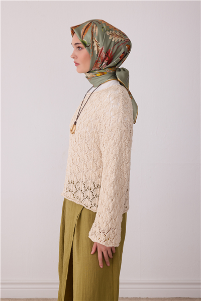 Yeşil Soyut Desen %100 Twill İpek Eşarp 4412-02
