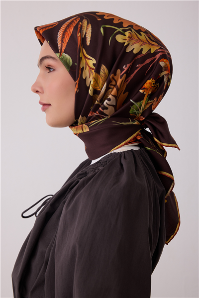 Kahverengi Soyut Desen %100 Twill İpek Eşarp 4412-03