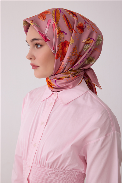 Pembe Soyut Desen %100 Twill İpek Eşarp 4412-52