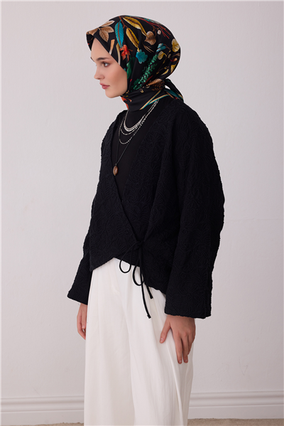 Siyah Soyut Desen %100 Twill İpek Eşarp 4412-81