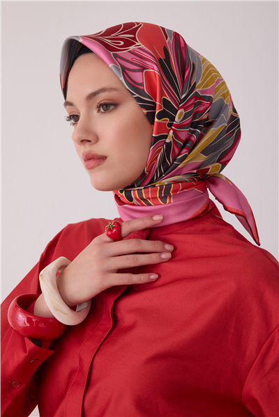 Pembe Çiçek Deseni %100 Twill İpek Eşarp 4413-02