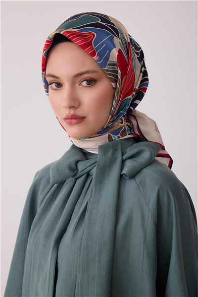 Ekru Çiçek Deseni %100 Twill İpek Eşarp 4413-32