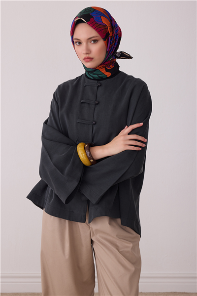 Siyah Çiçek Deseni %100 Twill İpek Eşarp 4413-50