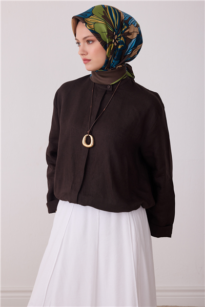 Kahverengi Çiçek Deseni %100 Twill İpek Eşarp 4413-54