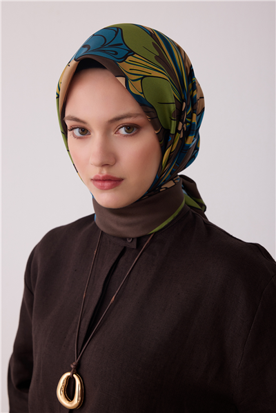 Kahverengi Çiçek Deseni %100 Twill İpek Eşarp 4413-54