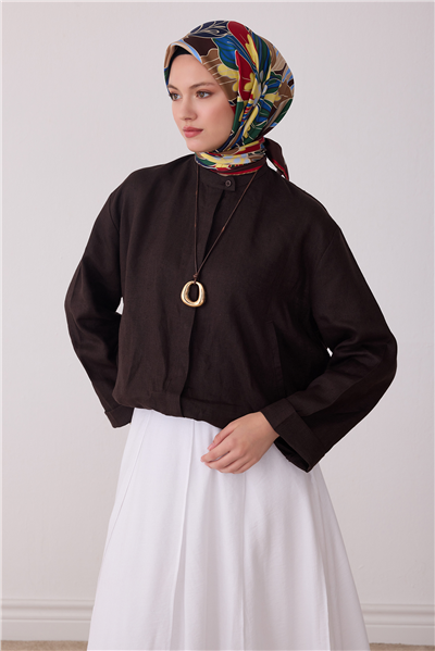 Kahverengi Çiçek Deseni %100 Twill İpek Eşarp 4413-83