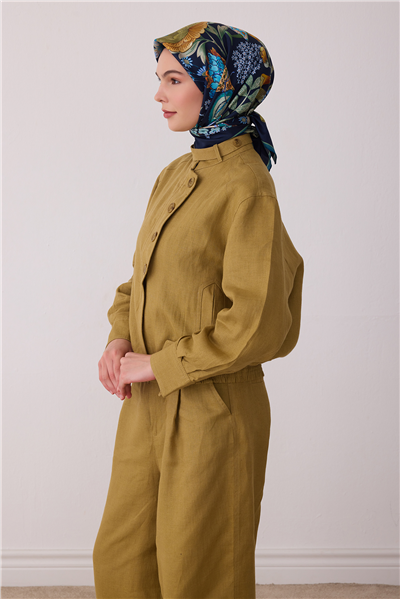 Lacivert Çiçek Deseni %100 Twill İpek Eşarp 4415-07