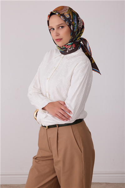 Kahverengi Çiçek Deseni %100 Twill İpek Eşarp 4415-35