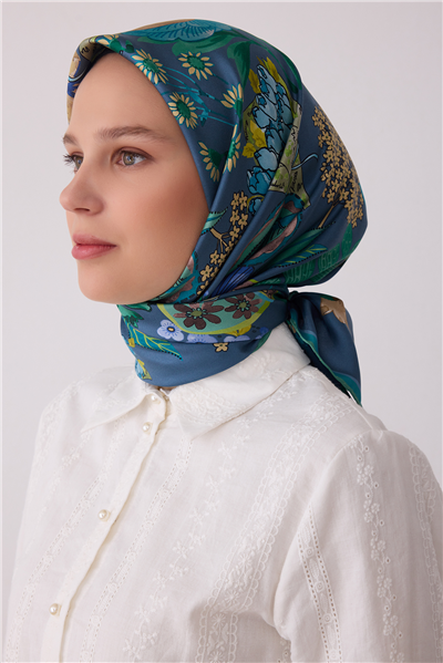 Mavi Çiçek Deseni %100 Twill İpek Eşarp 4415-80