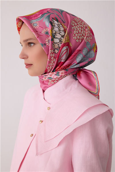 Pembe Çiçek Deseni %100 Twill İpek Eşarp 4415-82