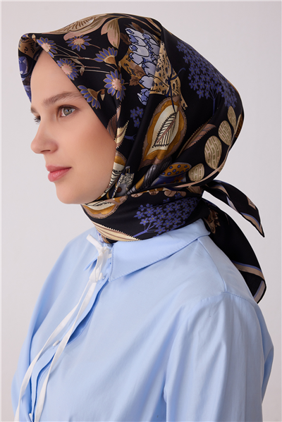 Siyah Çiçek Deseni %100 Twill İpek Eşarp 4415-86