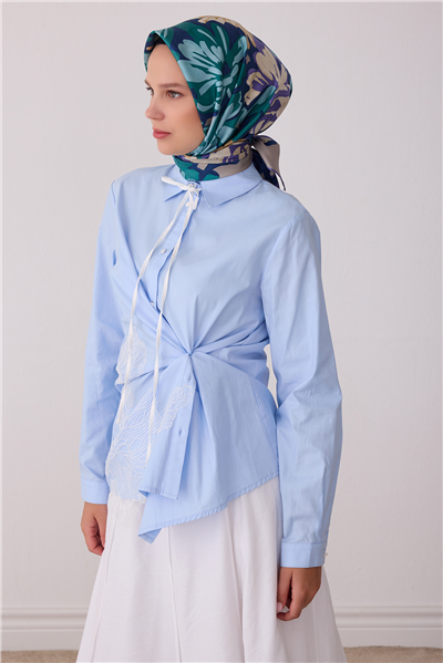 Mavi Çiçek Deseni %100 Twill İpek Eşarp 4416-80