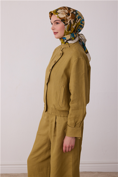 Yeşil Çiçek Deseni %100 Twill İpek Eşarp 4416-81