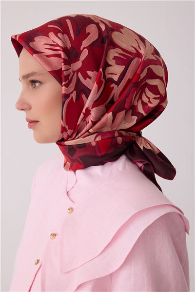 Kırmızı Çiçek Deseni %100 Twill İpek Eşarp 4416-82