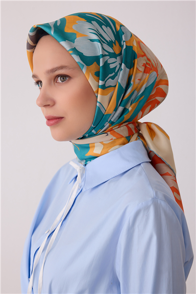 Oranj Çiçek Deseni %100 Twill İpek Eşarp 4416-83