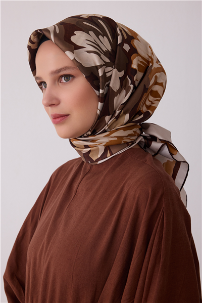 Kahverengi Çiçek Deseni %100 Twill İpek Eşarp 4416-85