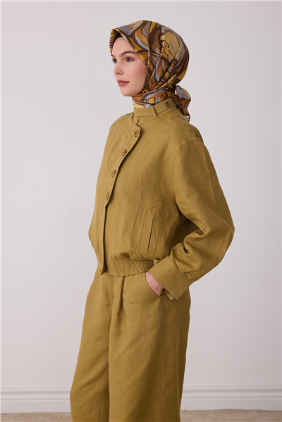 Sarı Soyut Desen %100 Twill İpek Eşarp 4417-05