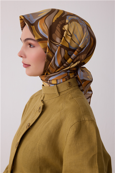 Sarı Soyut Desen %100 Twill İpek Eşarp 4417-05