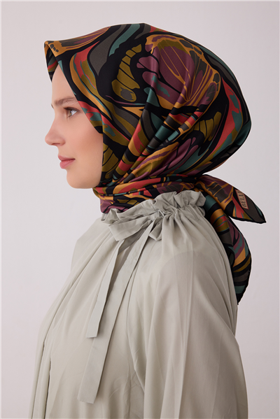 Siyah Soyut Desen %100 Twill İpek Eşarp 4417-37