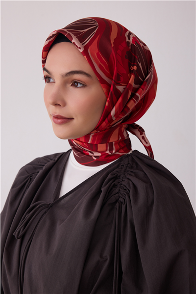 Kırmızı Soyut Desen %100 Twill İpek Eşarp 4417-57