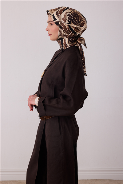 Kahverengi Soyut Desen %100 Twill İpek Eşarp 4417-60