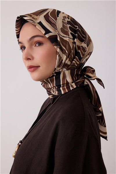 Kahverengi Soyut Desen %100 Twill İpek Eşarp 4417-60