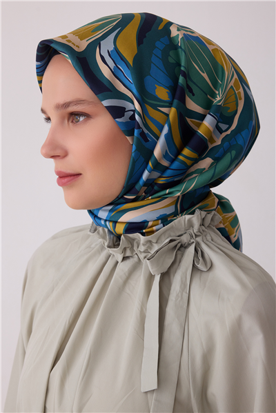 İndigo Soyut Desen %100 Twill İpek Eşarp 4417-83