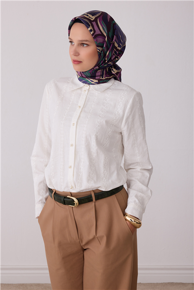 Mor Soyut Desen %100 Twill İpek Eşarp 4417-84