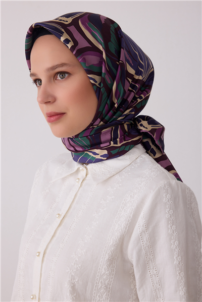 Mor Soyut Desen %100 Twill İpek Eşarp 4417-84