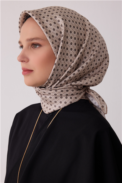 Bej Monogram Desen %100 Twill İpek Eşarp 4418-31