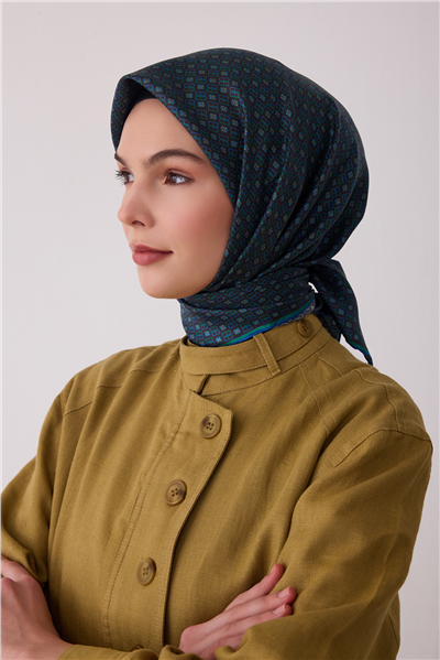 Petrol Monogram Desen %100 Twill İpek Eşarp 4418-81