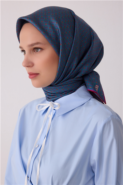 Mavi Monogram Desen %100 Twill İpek Eşarp 4418-82